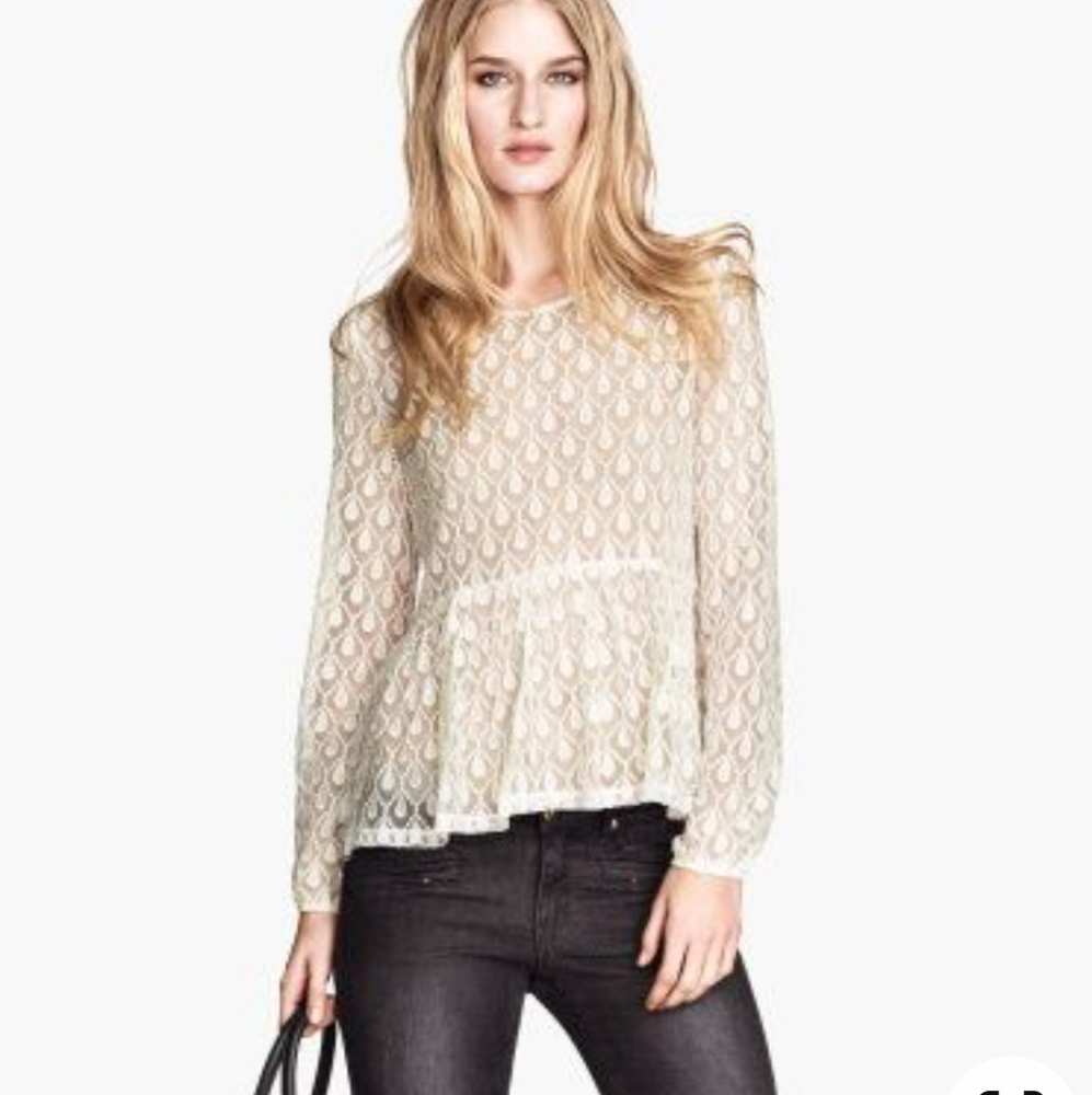 H&M Sheer Lace Long Sleeve Peplum Sheer Blouse Size XS